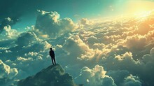 Conceptual Image Of Businesswoman Standing On Top Of Cloud And Looking Ahead