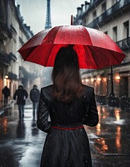 Wall Mural - woman in the rain on the street with a red umbrella