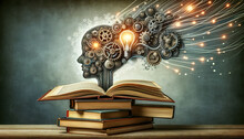 Artistic Representation Of Knowledge And Creativity With Open Books, Light Bulb And Gears In The Shape Of A Human Head On A Vintage Background. Adult Education Concept. AI Generated.