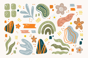 Wall Mural - Modern hand drawn plant leaf and tropical shape decoration set. Pastel color doodle bundle for fashion design, summer season or natural concept.