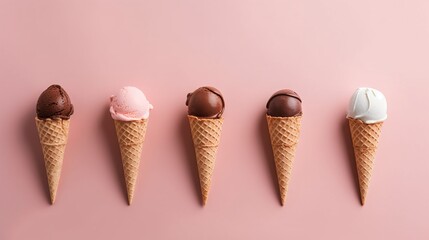 Soft chocolate ice cream in a waffle cone on a plain pink background. Cold dessert without sugar or substitutes. Copy space
