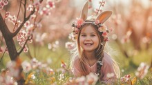 A Happy Girl With Bunny Ears, Discovering A Hidden Easter Treasure Under A Blossoming Cherry Tree