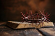 Crown of thorns, wooden cross and bible, Passion of Jesus Christ. 