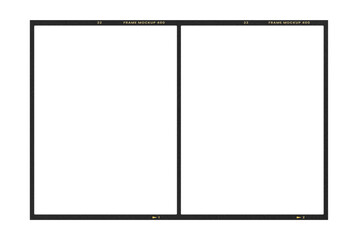Camera transparent film strip mockup, isolated on white background template frame, real high-res 35mm photo scan analogue sheet negative
