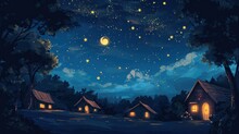 Night, Cozy Atmosphere Under The Stars In The Sky, Illustration For Podcast.