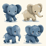 Fototapeta Dziecięca -  Clipart set of 4 simple abstract happy baby elephants by Generative AI