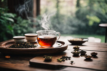 Traditional Loose Leaf Tea On A Wooden Tray, Dried Various Kinds Of Tea And Wooden Tray. Brown Stone Background With Copy Space, Glass Cup Of Green Tea With Leaves On Wooden Plate Closeup