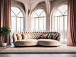 Tufted sofa against arched windows. Minimalist loft luxury home interior design of modern living room in villa