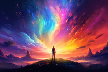 Illustration Painting Of A Man Looking At A Strange Rainbow Light Rise In Front., Digital Art Style