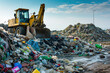 Pile of garbage and backhoe at waste depot, rubbish recycling business