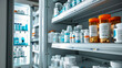 Pharmacy interior with a focus on medication and healthcare products, providing a diverse range of medical supplies