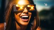 Laughing young Caucasian woman in special sunglasses looks at the sky and solar eclipse, excitedly watching phenomenon