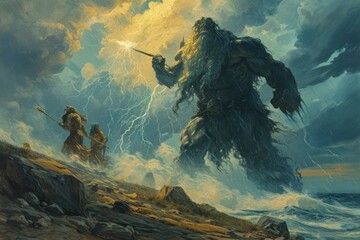 Wall Mural - Majestic storm giants, wielding thunderbolts and commanding the forces of nature - Generative AI