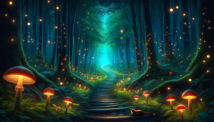 An enchanting forest path lined with luminescent mushrooms and glowing lights, creating a magical and serene atmosphere.Storybook illustration concept. AI generated.