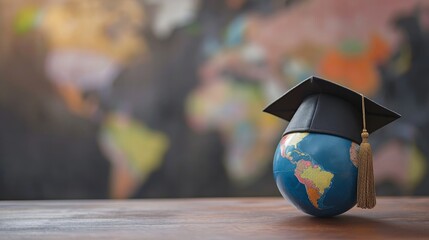 Wall Mural - Graduation cap with Earth globe. Concept of global business study, abroad educational, Back to School. Education in Global world, Study abroad business in universities in worldwide. language study
