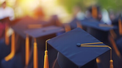 graduation, close up student hats in during commencement success graduates of the university, Concept education congratulation. copy space banner