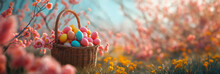Basket Filled With Colorful Easter Eggs On A Blooming Tree In The Fields