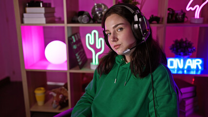 Wall Mural - Portrait of a young woman wearing a headset in a vibrant gaming room at night, projecting a relaxed, tech-savvy image.