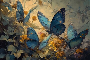 Wall Mural - Ethereal twilight butterflies, their wings shimmering with the colors of dusk and dawn - Generative AI