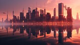 Fototapeta Łazienka - A picture of a city at sunset with a reflection in the water