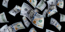 Flying Dollars Banknotes Isolated On Dark Background. Money Is Flying In The Air. 100 US Banknotes New Sample. Banner