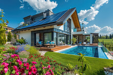 A Modern Villa With Solar Panels, Big Flowers Garden