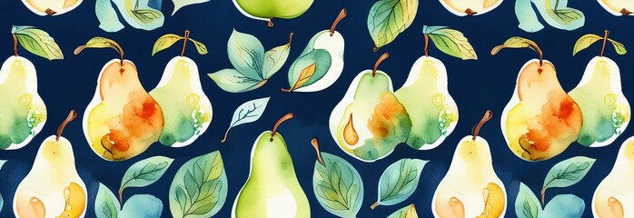 Pear fruits collection and creative pattern isolated on dark blue background. Healthy eating and dieting food concept. Summer fruit composition and design elements. Top view, flat lay