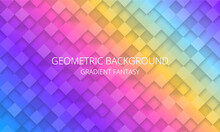Purple, Blue, Green, Pink And Yellow Mosaic Art Texture. Checkered Rainbow Diagonal Gradient Background. 
