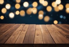 Empty Wood Table Top With Decorative Outdoor String Lights At Night Time Empty Wood Table Top With B