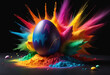 Easter egg into Powerful explosion of colorful rainbow holi powder. Generative AI