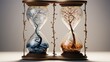 An artistic representation of time with an hourglass containing a stylized tree landscape, transitioning from winter to spring