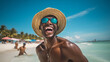 © OHMAl2T - a happy attractive young man with sunglasses enjoying himself on a sunny beach during a warm day. Man on the beach in the summer. travelling alone concept, happy moment.