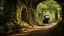 An Antique Baby Carriage On A Cobblestone Path, Under A Canopy Of Lush Green Trees, Evoking A Nostalgic Feel