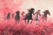 Pferde galoppieren, rosa Himmel