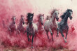 Pferde galoppieren, rosa Himmel