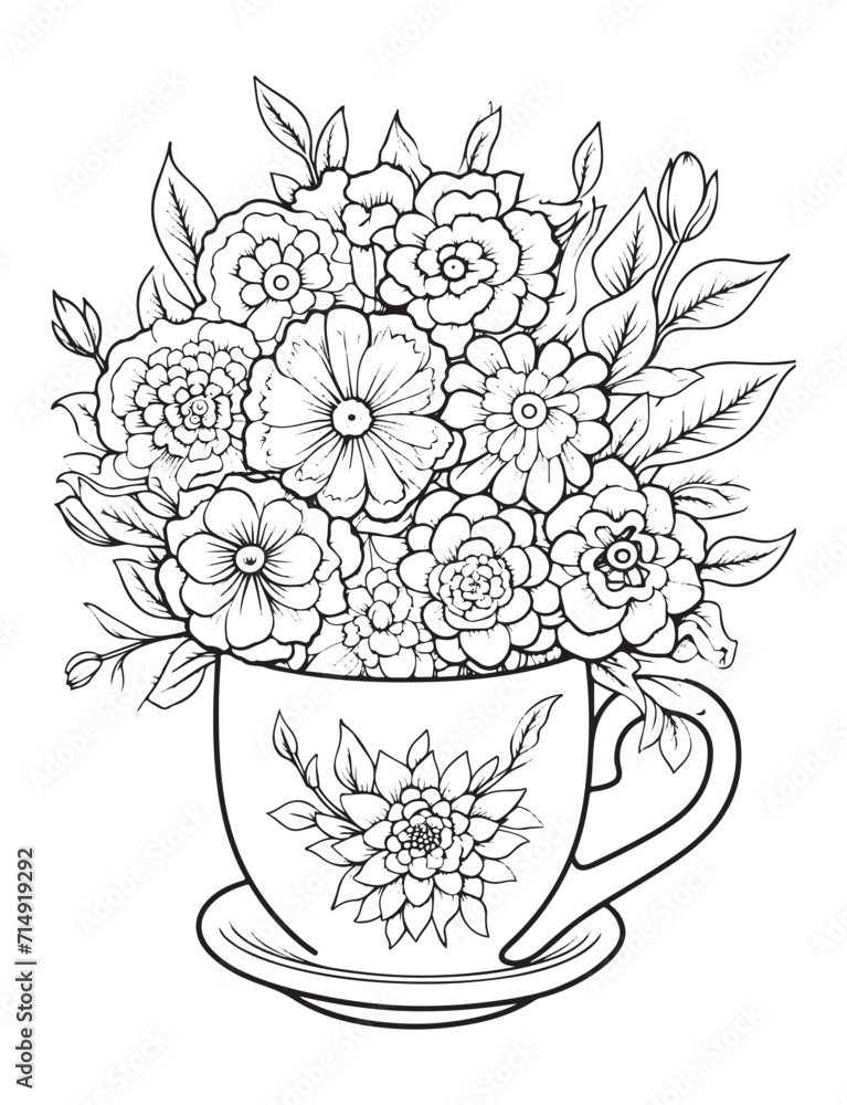 Spring flower bouquet, vector lineal illustration, coloring page for ...