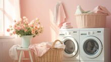 Cozy Laundry Room With A Wicker Basket Overflowing With Pastel Linens, The Gentle Hum Of A Vintage Washing Machine In The Background