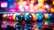 Dynamic close-up of multicolored pool balls, with a vibrant, blurred background of neon arcade lights