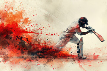 Wall Mural - Cricket player in action, woman red watercolor with copy space