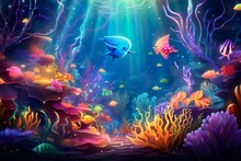 A Serene Underwater Tableau, Alive With Varied Fish Amidst Coral Beauty.