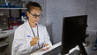 © Krakenimages.com - Mature hispanic woman in lab coat writing notes indoors at laboratory with computer