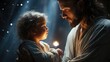 Jesus holding newborn baby in heaven.