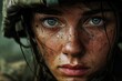 female soldier tears in the eyes with fear of death