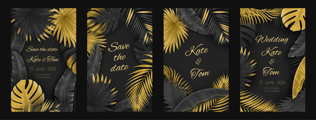 Wall Mural - Tropical wedding invitations. Gold, black leaf, tropic jungles on birthday card, save the date, banana and monstera palms. Beautiful summer nature luxury background. Vector backgrounds set