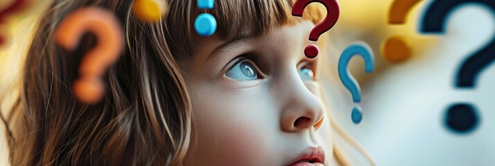 Wall Mural - Child with big eyes surrounded by colorful floating question marks, wonder and inquisitiveness