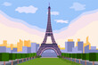 France background. City landmark. Paris tour with famous building and attractions. Tourists travel. Love French capital. Tourism trip. Eiffel tower. Urban landscape. Vector illustration