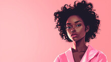 Black Woman With Curly Hair On A Pink Background