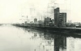 Fototapeta Londyn - The riverfront in grayscale art.