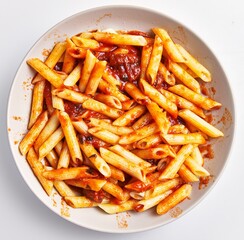 Wall Mural - A plate of italian penne pasta covered in red tomato sauce, viewed from above on a white background.