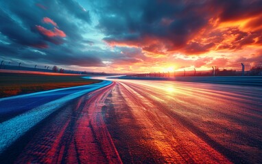 Wall Mural - The cold mood of motion blurred the racetrack with the sunset sky.